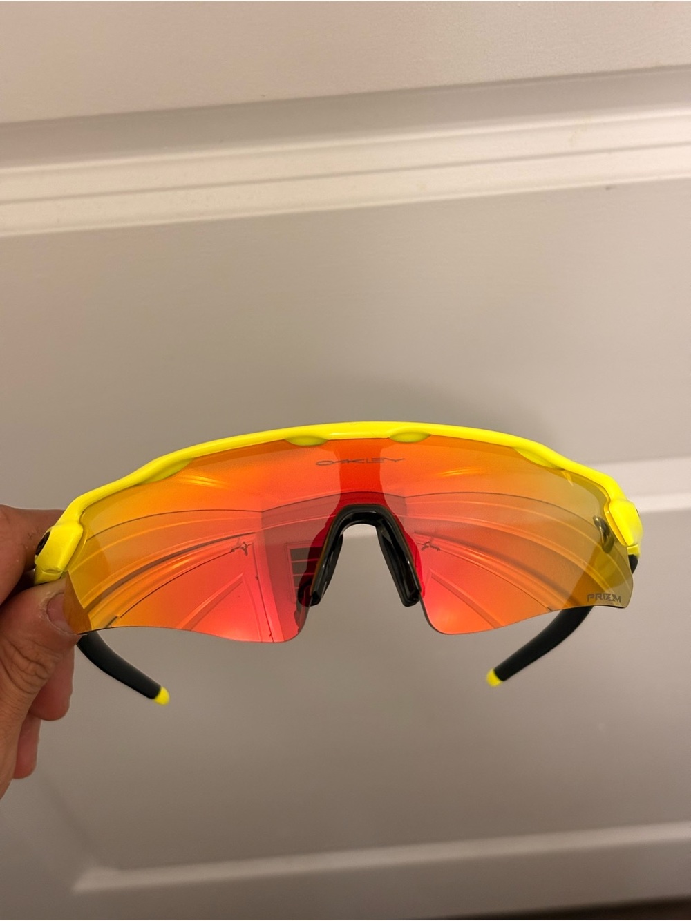 Oakley Yellow Frame with Red-Orange Mirrored Lens Sports Sunglasses